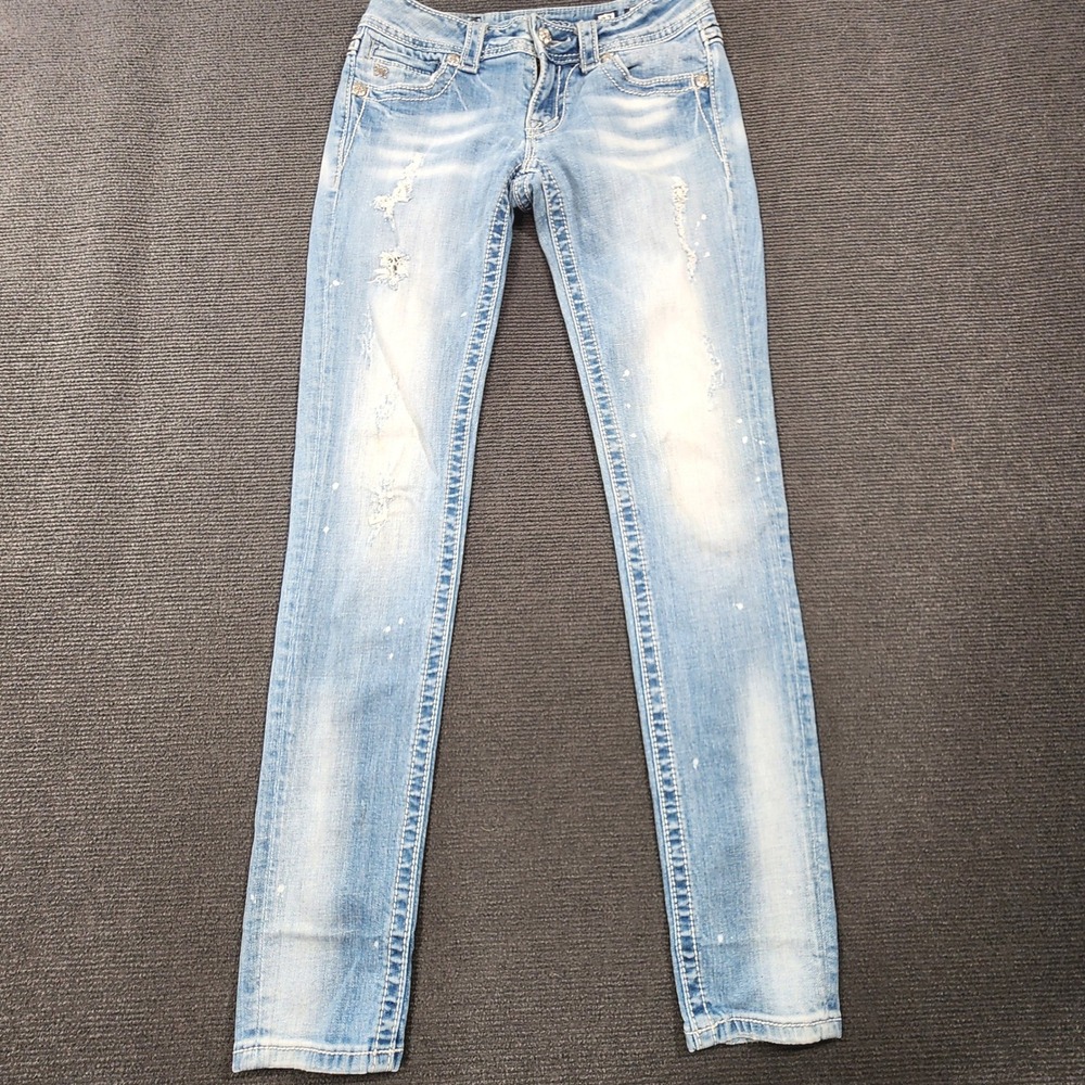 Miss Me Skinny Jeans Women 27 Light Blue Distressed Embellished Low Rise